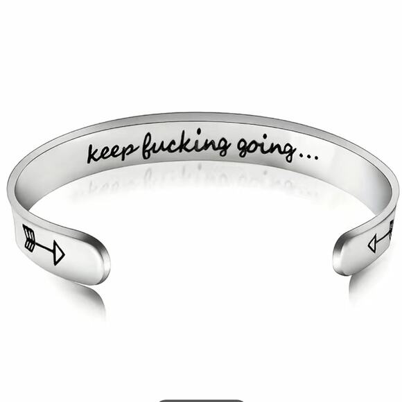 Stainless Steel C Shaped Inspiration Cuff Bangle Bracelet Keep Going - Picture 1 of 4